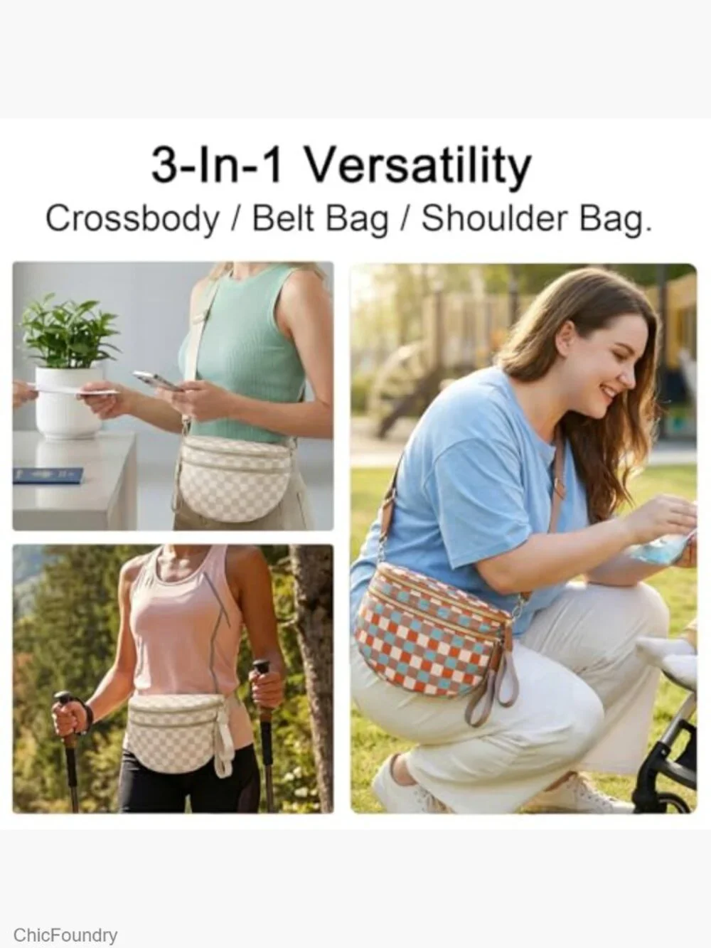 Large Nylon Crescent Crossbody Bum Bag, Sling Belt Bag, Multi-Pocket Shoulder - Picture 3 of 6